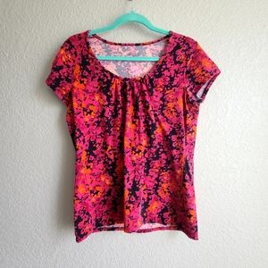 Merona jersey knit short sleeve blouse w/pink, orange, navy blue pattern, large